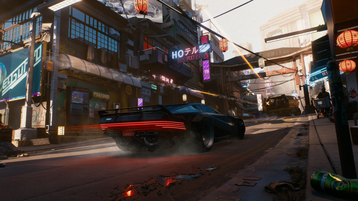 Cyberpunk 2077 gameplay scene with driving and city action