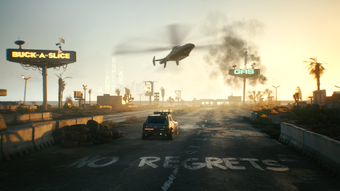 Badlands road in Cyberpunk 2077 reminding beginners to delay long trips until nearby jobs are done