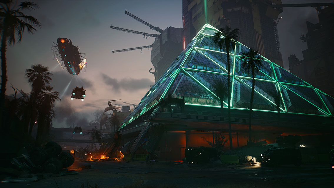 Dogtown in Phantom Liberty with the lit pyramid, a useful testing ground for Relic perks and cyberware choices