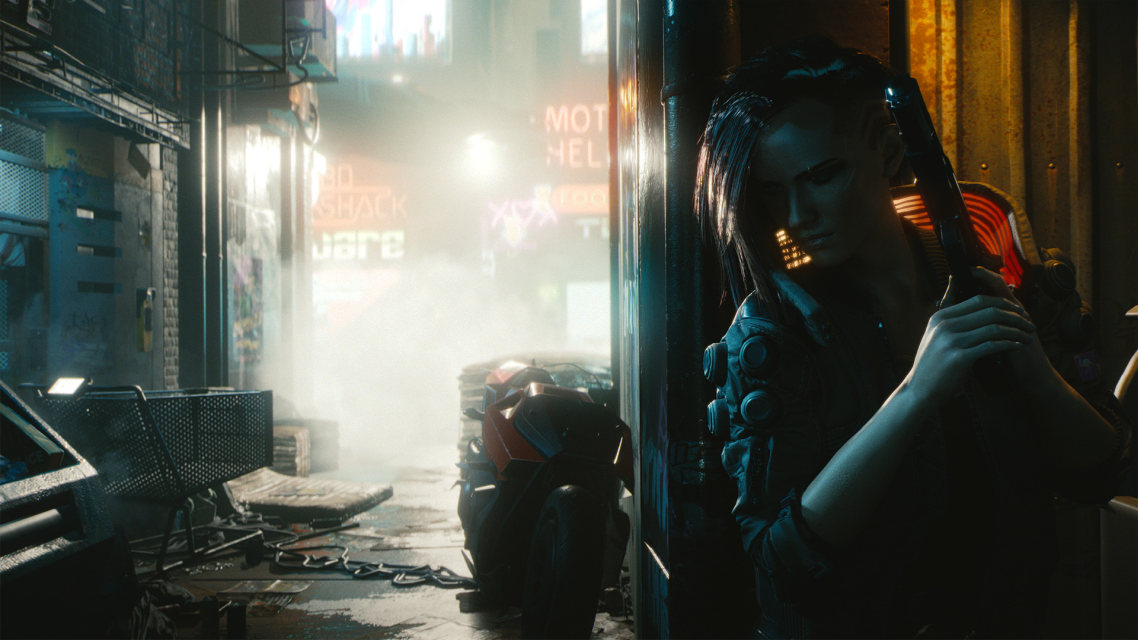 Dark neon alley, useful for checking night-time readability after reducing shadows and effects on Steam Deck